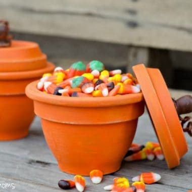 DIY Pumpkin Terracotta Pots spayed with Acrylic paint. Wooden knobs for the top
