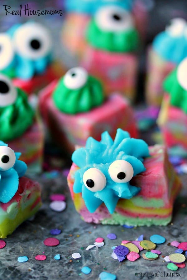 Monster Fudge, fudge swirled with fun colours, topped with icing and transformed into cute little Monster