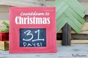 DIY Christmas Countdown Sign, Sign is red with a chalk board in the middle, sign reads "countdown to christmas" with the days left