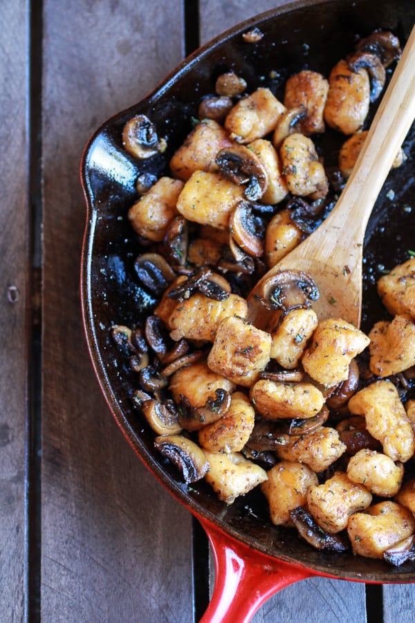 Crispy Brown Butter Sweet Potato Gnocchi with Balsamic Caramelized Mushrooms + Goat Cheese