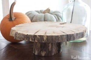 DIY Wood Slice Pedestal Cake Plate. With fall pumpkins in the background.