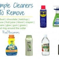 7 simplle cleaners to remove stains. Baby food, chocolate, ketchup, tomato sauce, fruit juice, blood, crayon, stickers, glue, gum, grass and ring around the collar. photo of products used