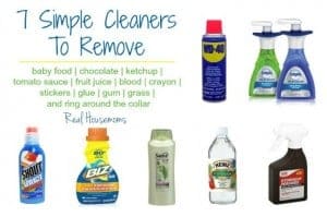 7 simplle cleaners to remove stains. Baby food, chocolate, ketchup, tomato sauce, fruit juice, blood, crayon, stickers, glue, gum, grass and ring around the collar. photo of products used