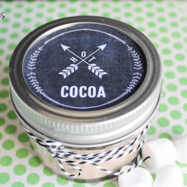 Hot Cocoa Label on top of mason jar with marshmellos on the side