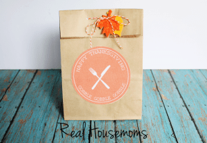 Thanksgiving Goodie Bag brown paper bag with orange circle logo festive fall string and leaves to seal