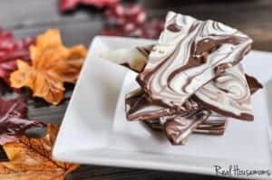 Tower of Chocolate Bark served on a white serving dish