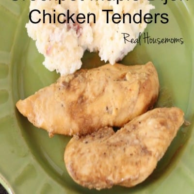crockpot maple dijon chicken tenders with a side of mashed potatoes served on a green dish