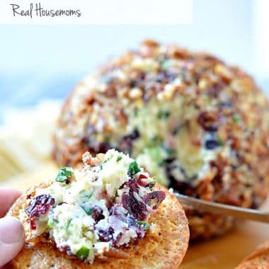 Onion, Cranberry & Pecan Cheese Ball. Hand holding cracker with cheese ball dip