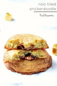 Rolo Filled Snickerdoodles are cinnamon sugar covered cookies filled with chocolate covered caramel Rolos.  