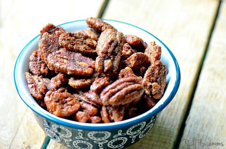 Sweet and Sriracha Pecans. Served in a blue and white bowl