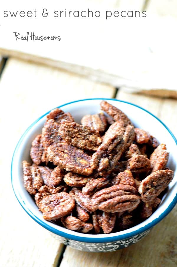 Sweet and Sriracha Pecans are a simple appetizer for your Christmas party or a great last minute gift!