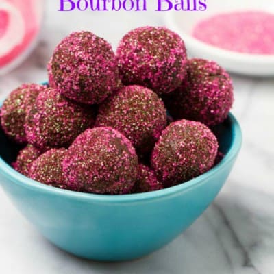 Cookies & Cream Bourbon Balls. Topped with pink suagr, served in a round blue bowl