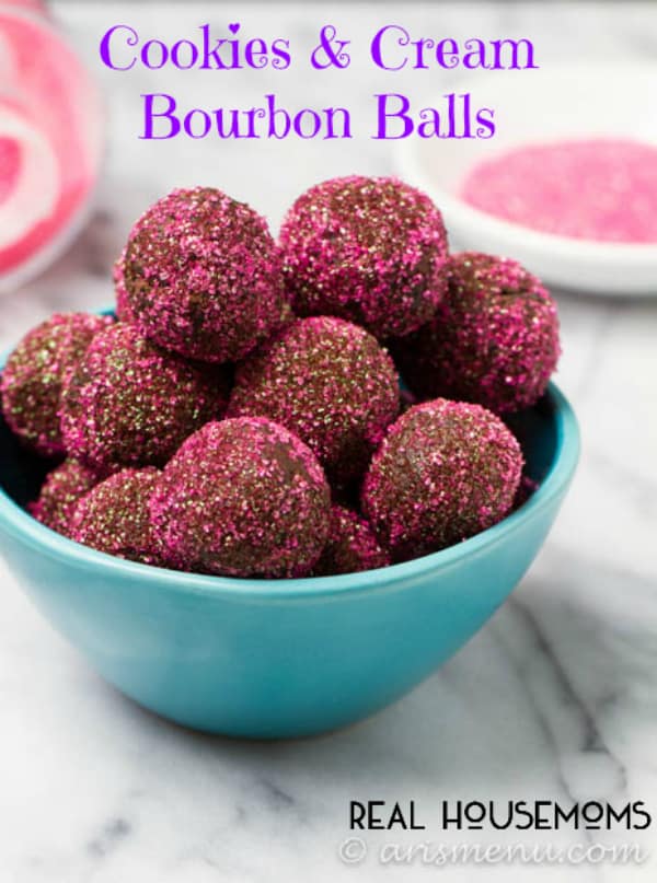 Cookies & Cream Bourbon Balls. Topped with pink suagr, served in a round blue bowl