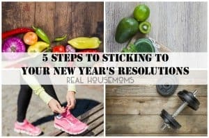 5 steps to sticking to your New Years resolutions. photo collage four photos of: veggies, fruit, weights and women tiying running sneakers