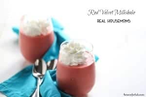 Red Velvet Milkshake. Red velvet cake mix is blended with chocolate and vanilla ice cream and chocolate milk. Red drink with whip crem on top served in a small stimless wine glass.