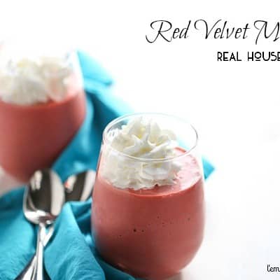 Red Velvet Milkshake. Red velvet cake mix is blended with chocolate and vanilla ice cream and chocolate milk. Red drink with whip crem on top served in a small stimless wine glass.