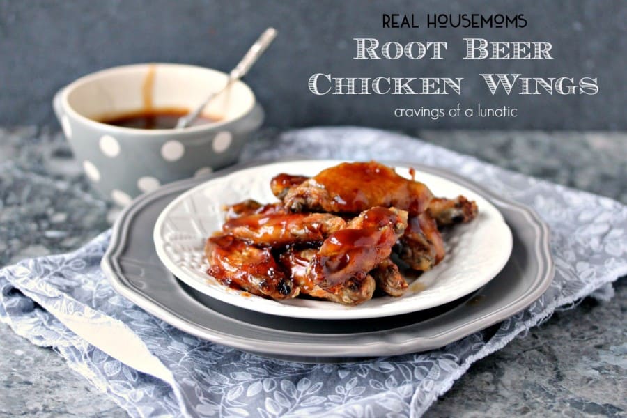 Root Beer Chicken Wings, served on a white dish with a side of sweet and sticky sauce