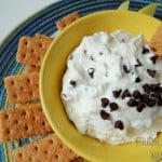 Skinny Chocolate Chip Cannoli Dip. Topped with minni chocolate pieces served in a yellow serving bowl. Gram crackers on the side