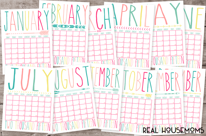2015 printable calendar, months shown Jan - Dec