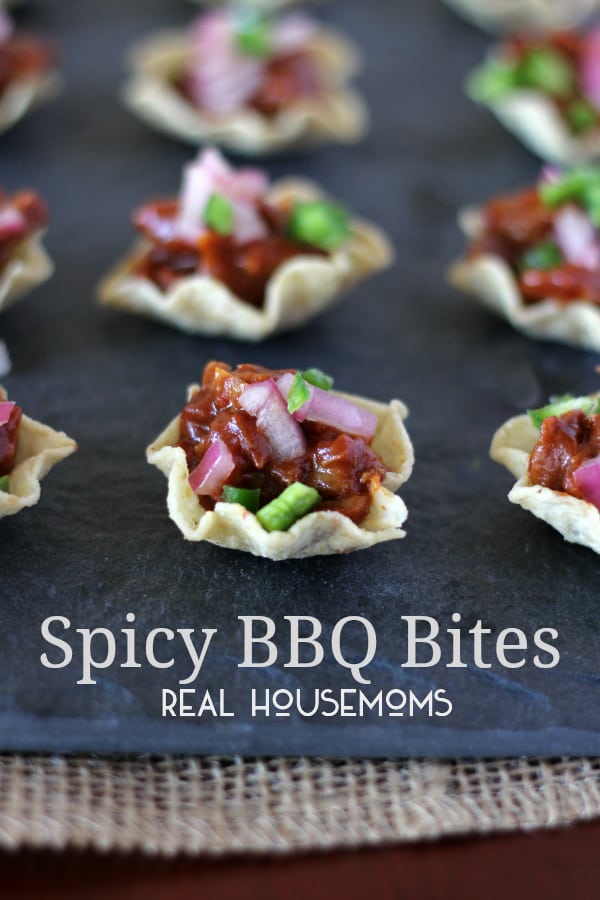 Spicy BBQ Bites. Chips filled with ground beef, bbq sauce, red onion, and jalapenos