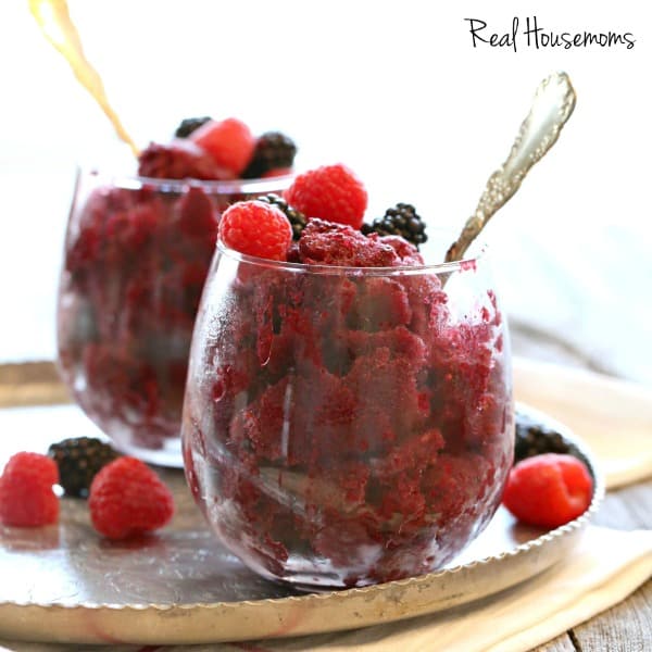 Triple Berry Red Wine Slushies topped with blackberries and raspberries