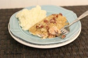 baked pecan and mustard salmon served on a blue plate
