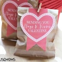 Hugs and Kisses Valentines day gift bag. Small paper bag with heart printable cut out that reads "sending you hugs & kisses valentine"