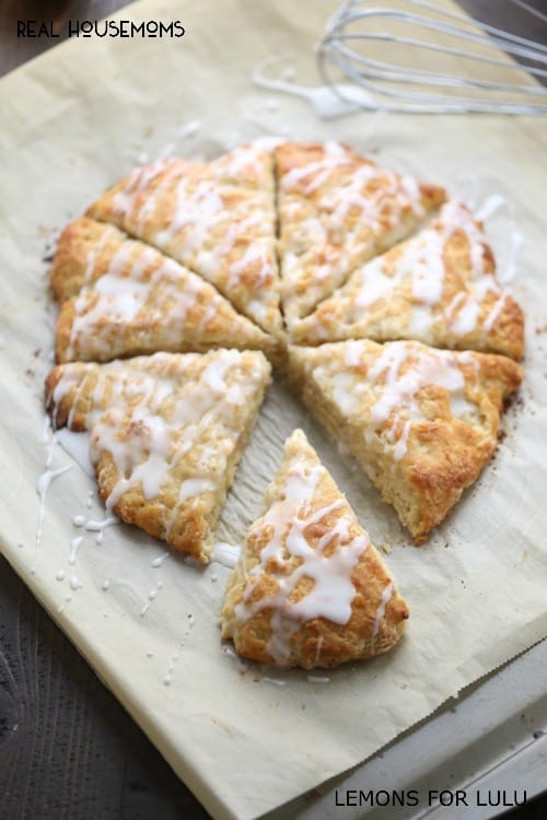 Lemon Macadamia Scones. Drizzled with white frosting cut into triangles