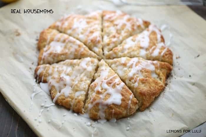 Lemon Macadamia Scones. Drizzled with white frosting cut into triangles