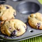 Light Gluten Free Blueberry Muffins. Displayed in a cupcake tray