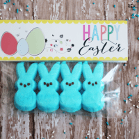 Easter Printable for easter goody bags. Printable reads "Hapy easter" bag has blue easter bunny peeps inside. printable stabled to seal bag