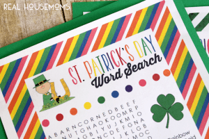 St. Patrick's Day Word Search Print out. Rainbow stripped boarder with word search in the middle