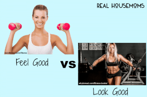 Is fitness just about looking good? women holding light pink dumbells "feel good" vs women doing cable flys "look good"