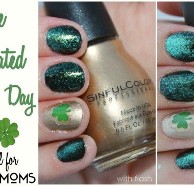 st patricks day mani pictorial. Nails are green, gold and black with a little green shamrock on index finger. Hand is holding gold nail polish
