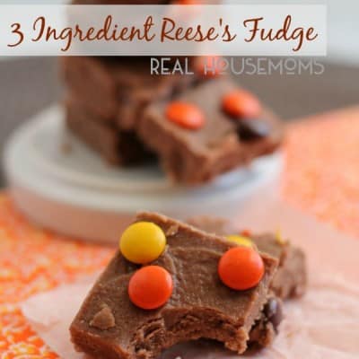 3 ingredient Reese's fudge. Fudge is displayed on a baking sheet