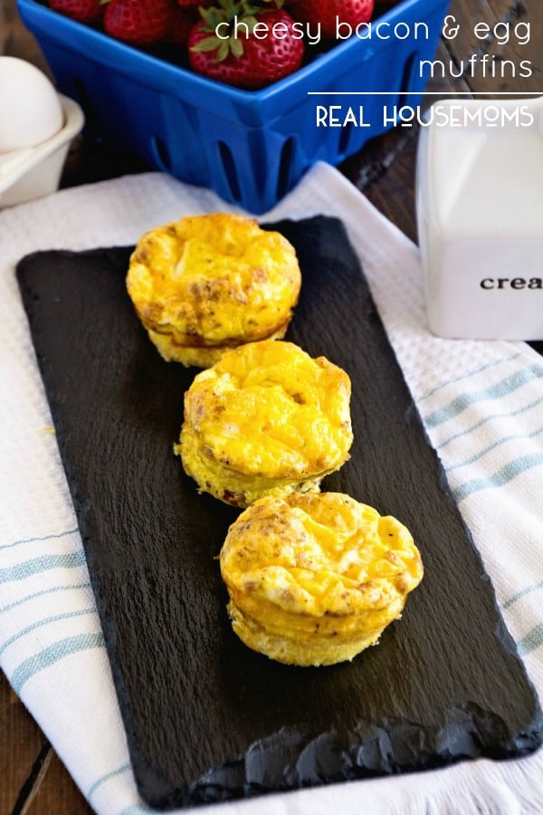Cheesy Bacon Egg Muffins are a quick & easy breakfast recipe for busy mornings! Grab and go egg muffins loaded with cheese and bacon!