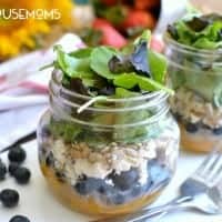 This Summer Harvest Salad in a Jar is loaded with fresh fruit, feta cheese, almonds, sunflower seeds, and a light honey orange vinaigrette. Perfect for summer picnics or a delicious on the go lunch!