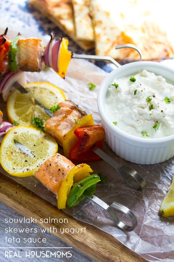 These Salmon Souvlaki Skewers with Yogurt-Feta Sauce couldn't be any easier to prepare. Perfect for those 5pm dinner "what's-for-dinner?!" freak-outs!