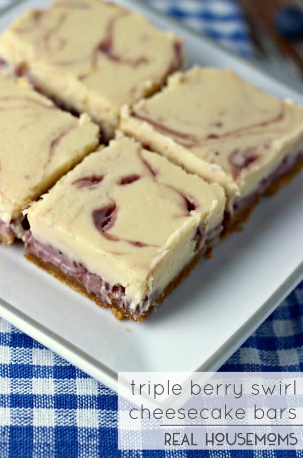 TRIPLE BERRY SWIRL CHEESECAKE BARS are a delicious treat to serve or bring to any summer get together!