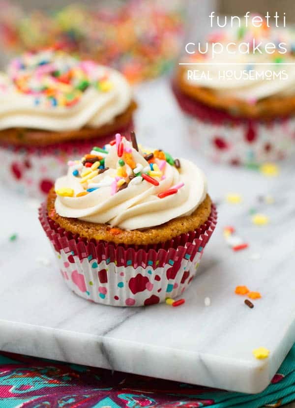 Soft decadent Funfetti Cupcakes with buttercream frosting and extra sprinkles will take you back to your childhood--get the real deal easily with no box required!