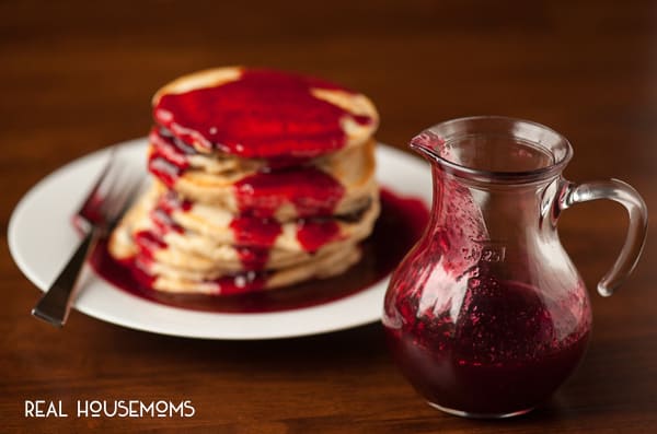 Homemade Raspberry Pancake Syrup made from fresh or frozen raspberries is a decadent breakfast treat and is excellent on chocolate chip pancakes.