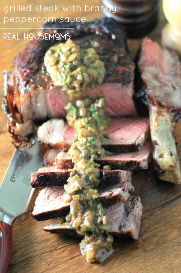 One of the best things about summer is grilling up your favorite cut of beef, just like this magnificent Grilled Steak with Brandy Peppercorn Sauce!