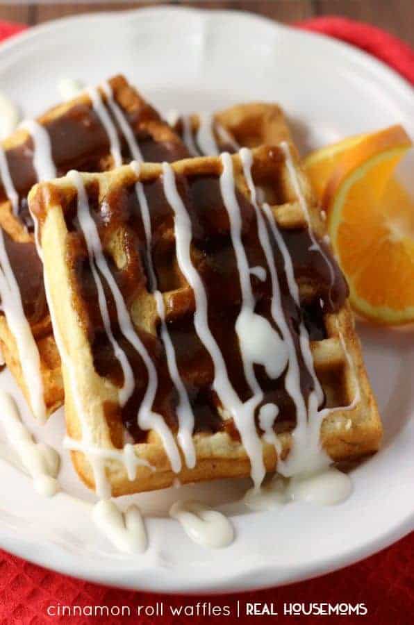 Cinnamon Roll Waffles are two favorite breakfast foods merged into one!