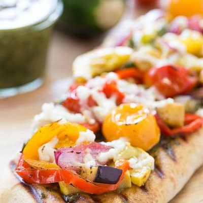 Enjoy what the season's produce has to offer and make this tasty Grilled Veggie Pesto Flatbread!