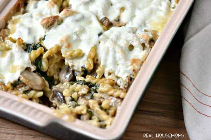 Roasted Mushroom Spinach Sausage Alfredo Pasta Bake tastes out of this world!! It's our new favorite Sunday dinner!
