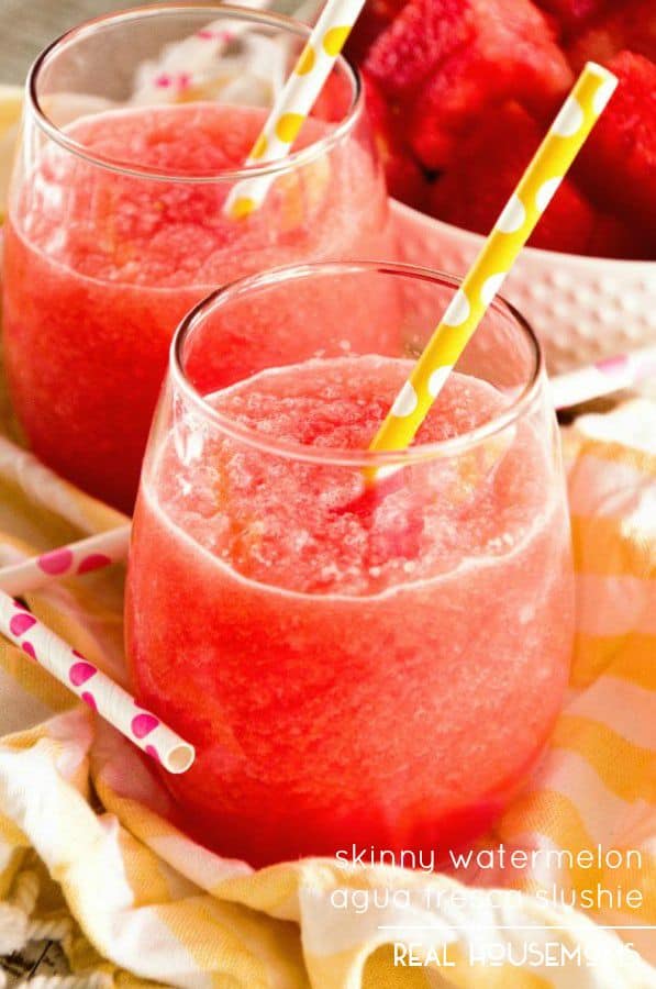 Skinny Watermelon Agua Fresca Slushie is a cold, refreshing beverage with delicious frozen watermelon and coconut water!