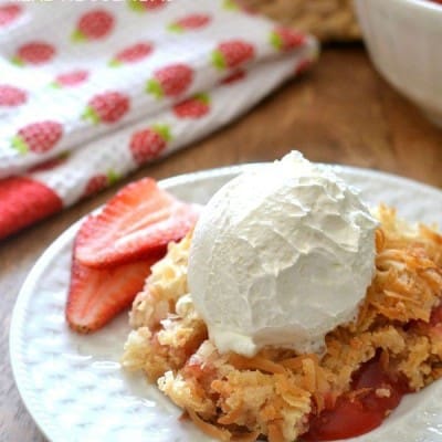 This Strawberry Colada Dump Cake is made with just 5 ingredients and oven-ready in minutes! Best of all, it feeds a crowd, and everyone will love the delicious flavor!