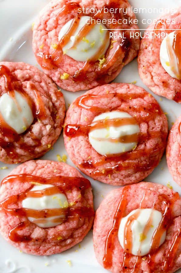 Easy Strawberry Lemonade Cheesecake Cookies are melt in your mouth, sweet strawberry cake deliciousness perfectly complimented by creamy tangy lemonade cheesecake filling. They're the perfect summer cookie!