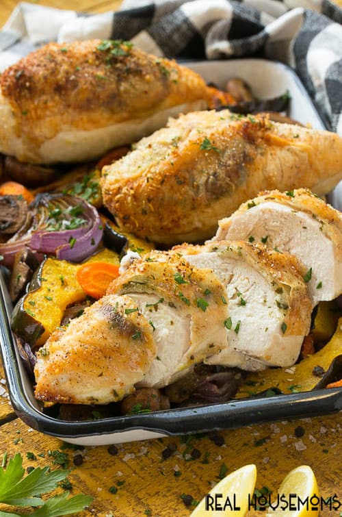 This One Pan Parmesan Chicken with Vegetables is a quick and healthy meal with less clean up!