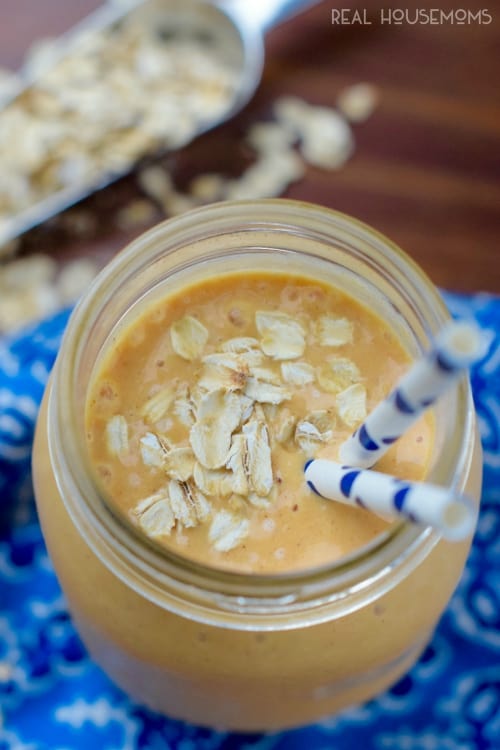 This Pumpkin Oatmeal Smoothie is just under 120 calories a serving with a whopping 9 grams of protein. Plus it's pretty delicious too! A perfect fall breakfast!